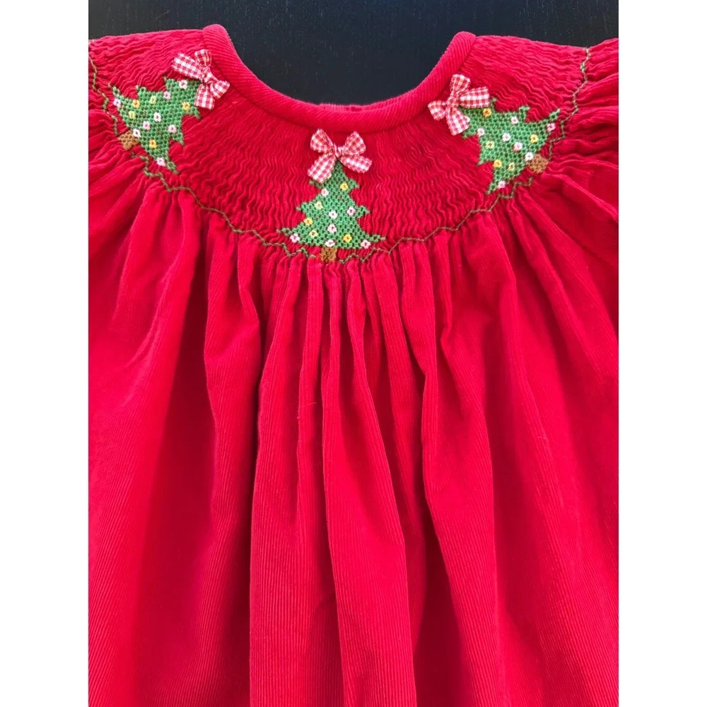 Southern Sunshine Kids Smocked Christmas Tree‎ Holiday Dress Baby 12 Months Red
